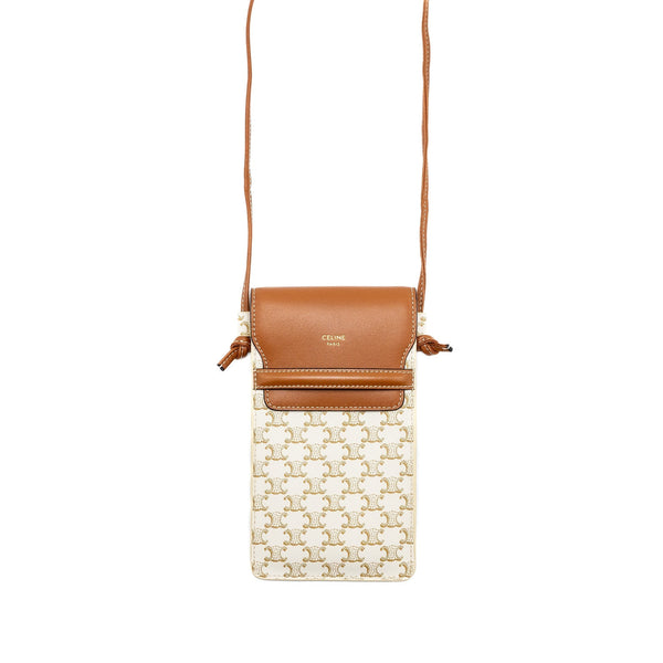 CELINE PHONE POUCH WITH FLAP TRIOMPHE CANVAS /LAMBSKIN WHITE/TAN