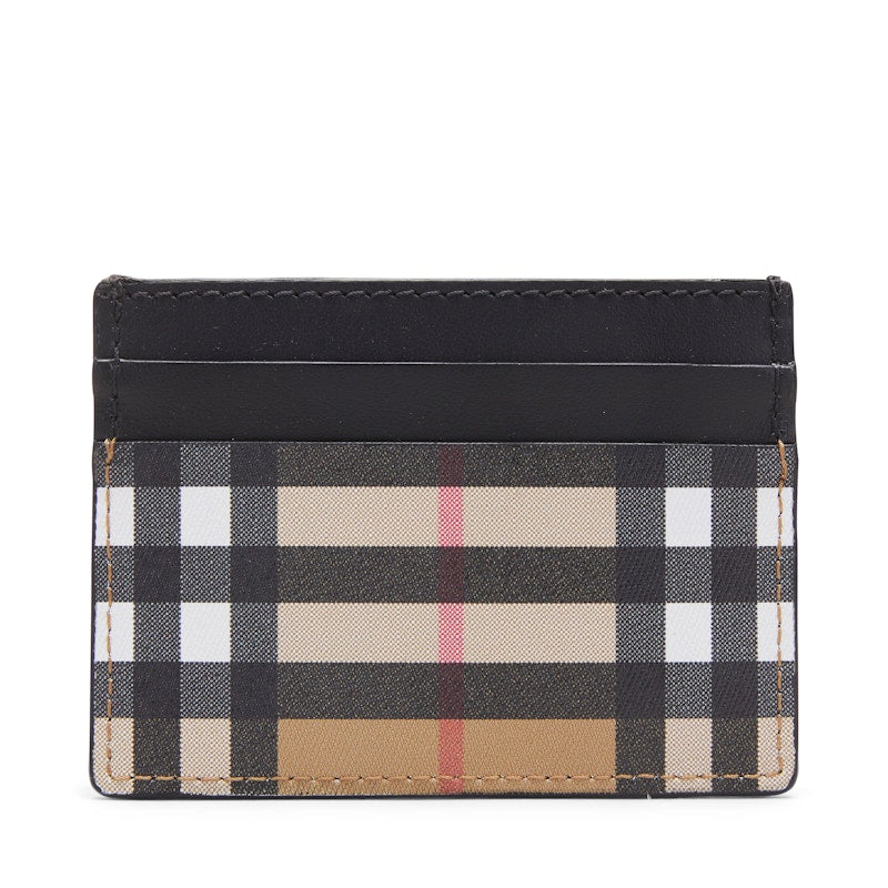 Vintage Check and Leather Card Case 4 Slot Black