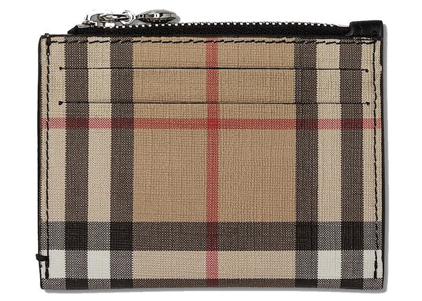 Vintage Check and Leather Zip Card Case 6 Slot Black