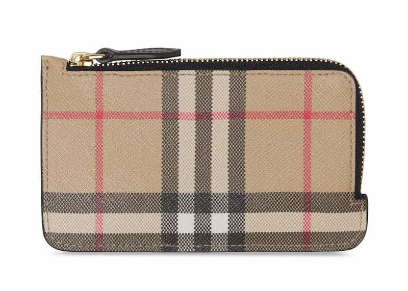 Vintage Check and Leather Zip Card Case Black / Beige