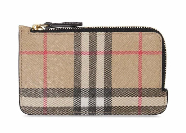 Vintage Check and Leather Zip Card Case Black / Beige
