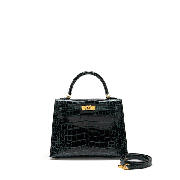 HERMES KELLY 25 SHINY ALLIGATOR MISSISSIPPIENSIS VERT CYPRES GHW