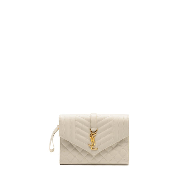 SAINT LAURENT ENVELOPE FLAP POUCH GRAINED CALFSKIN BLANC VINTAGE GHW