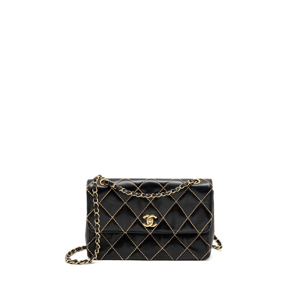 CHANEL VINTAGE QUILTED FLAP BAG LAMBSKIN BLACK WITH WHITE STITCHING GHW