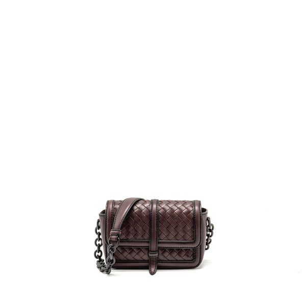 BOTTEGA VENETA MINI INTRECCIATO FLAP BAG LEATHER DARK BROWN WITH BLACK HARDWARE