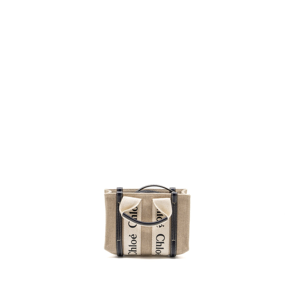 CHLOE WOODY MINI TOTE BAG CANVAS BEIGE/BLACK