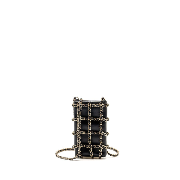 CHANEL GOLD CLUTCH O CHAIN VERTICAL PHONE HOLDER LAMBSKIN BLACK GHW