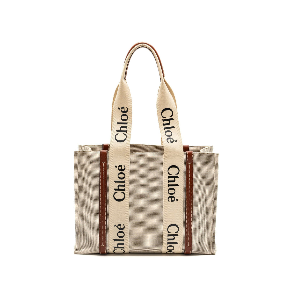 CHLOE MEDIUM WOODY TOTE BAG CANVAS WHITE/BROWN