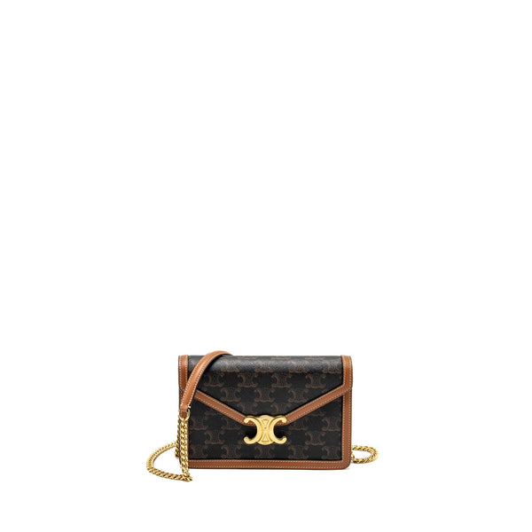 CELINE WALLET ON CHAIN MARGO TRIOMPHE CANVAS/CALFSKIN TAN GHW