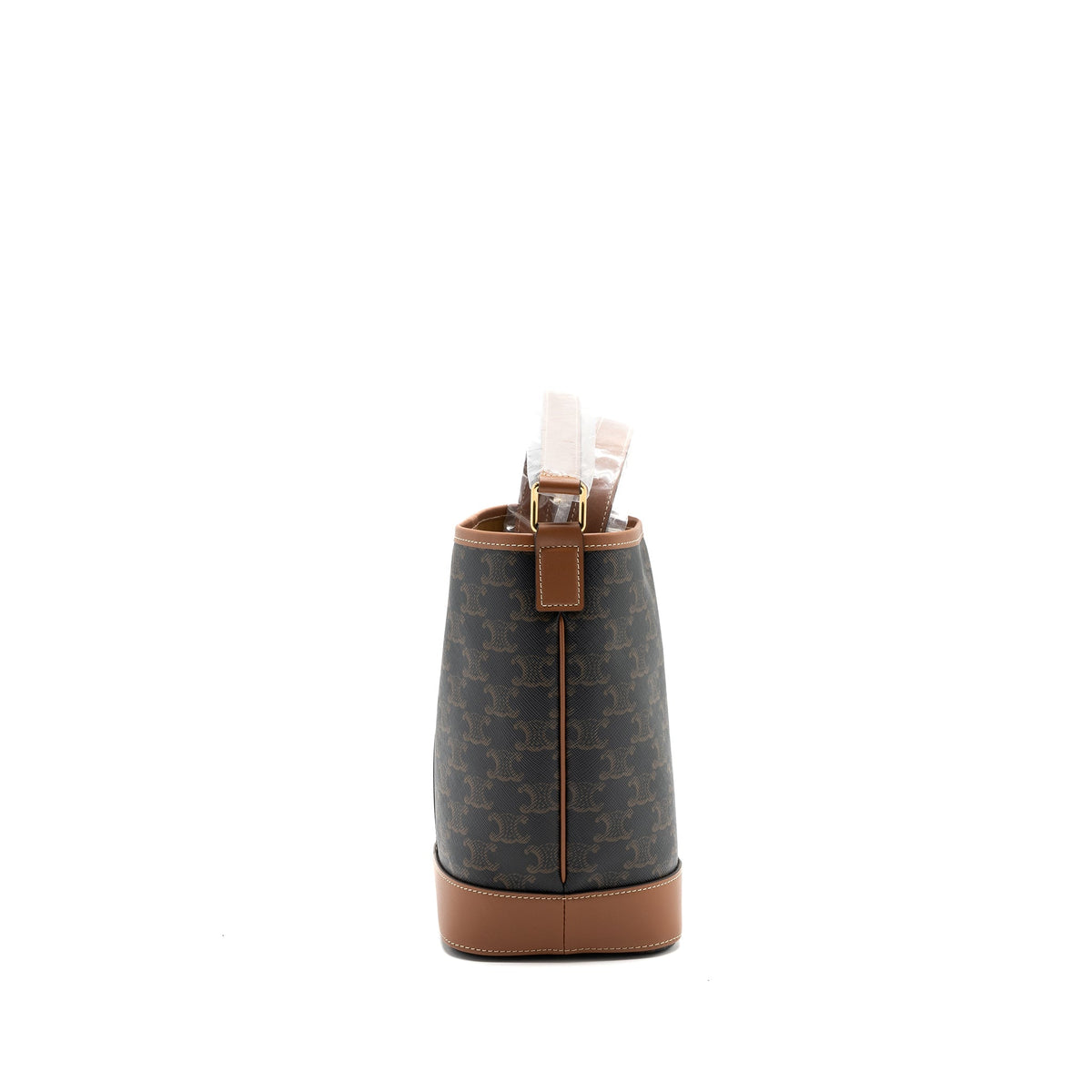 CELINE SMALL BUCKET IN TRIOMPHE CANVAS AND CALFSKIN TAN GHW