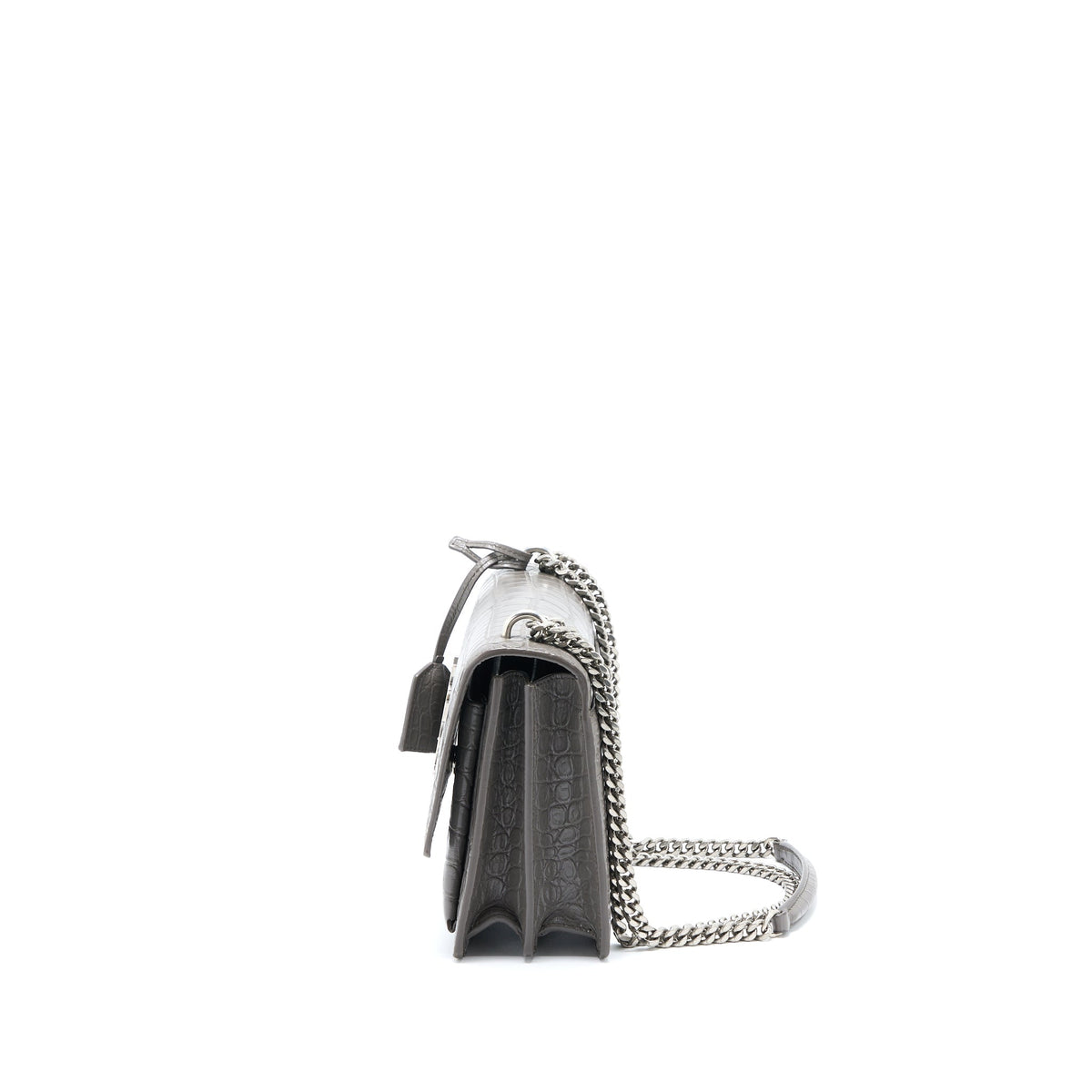 SAINT LAURENT MEDIUM SUNSET CHAIN BAG CROC EMBOSSED CALFSKIN GREY SHW