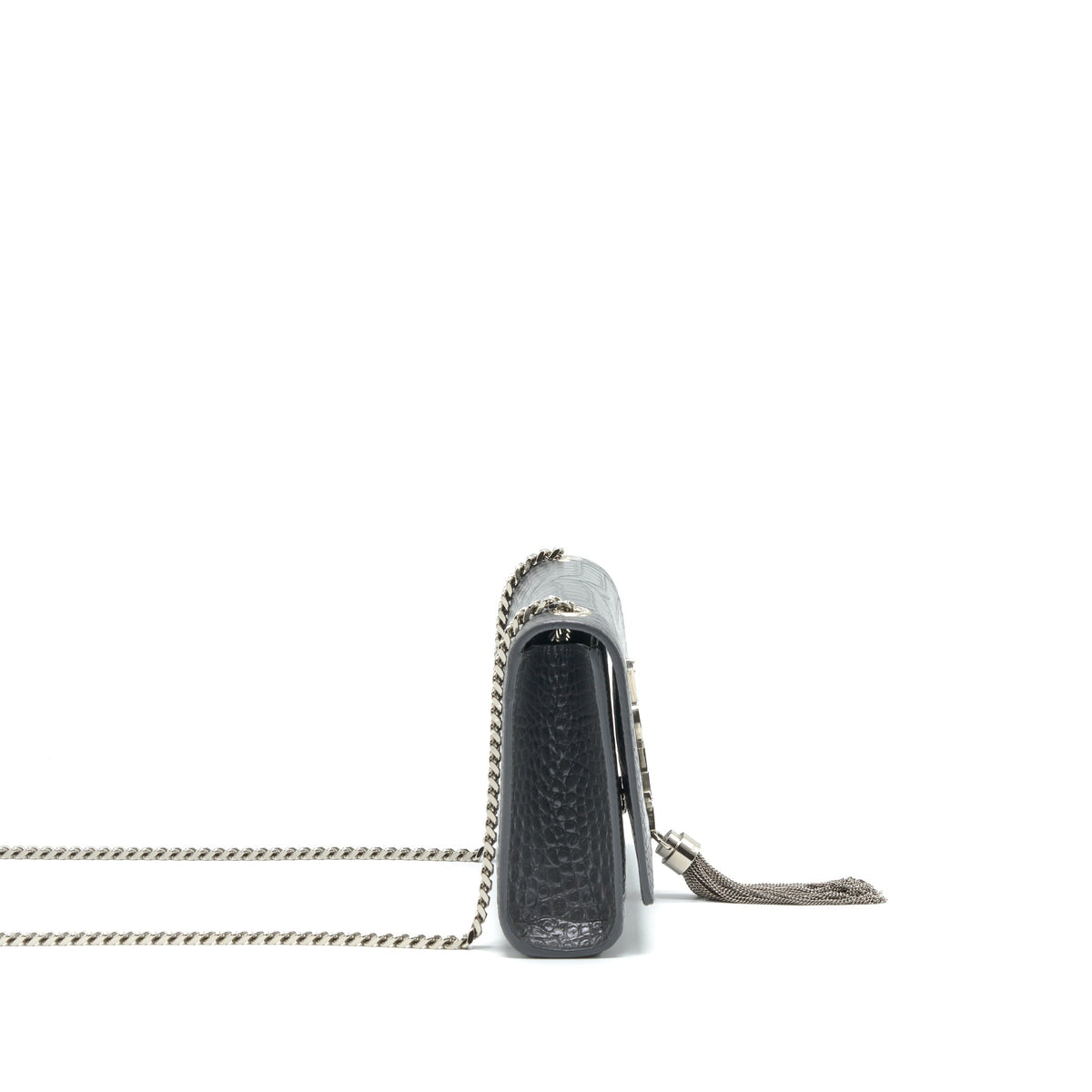 SAINT LAURENT KATE TASSEL CROC EMBOSSED CALFSKIN GREY SHW