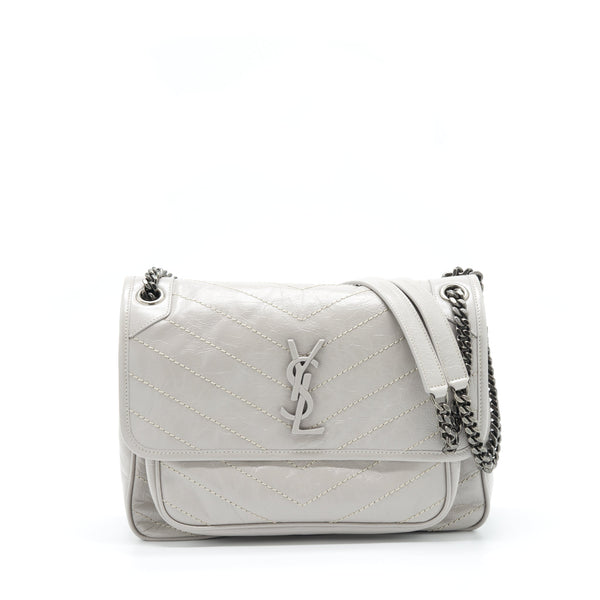 SAINT LAURENT MEDIUM NIKI BAG CALFSKIN LIGHT GREY WITH RUTHENIUM HARDWARE