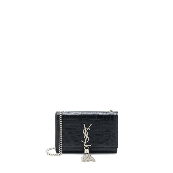 SAINT LAURENT KATE TASSEL CROC EMBOSSED CALFSKIN BLACK SHW