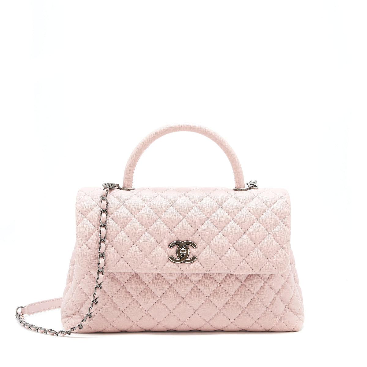 CHANEL LARGE COCO HANDLE FLAP BAG CAVIAR LIGHT PINK RUTHENIUM HARDWARE