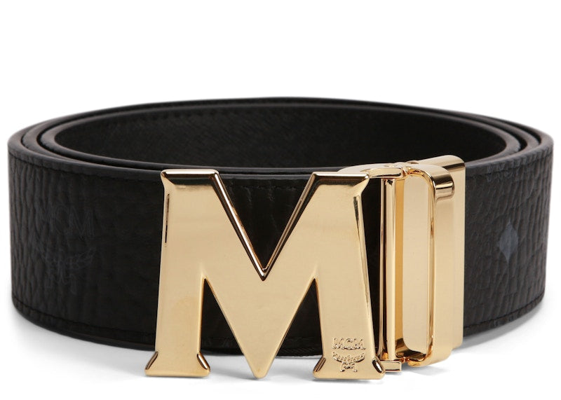 MCM Claus M Reversible Belt Visetos 24K Gold 1.75W 51In/130Cm Black