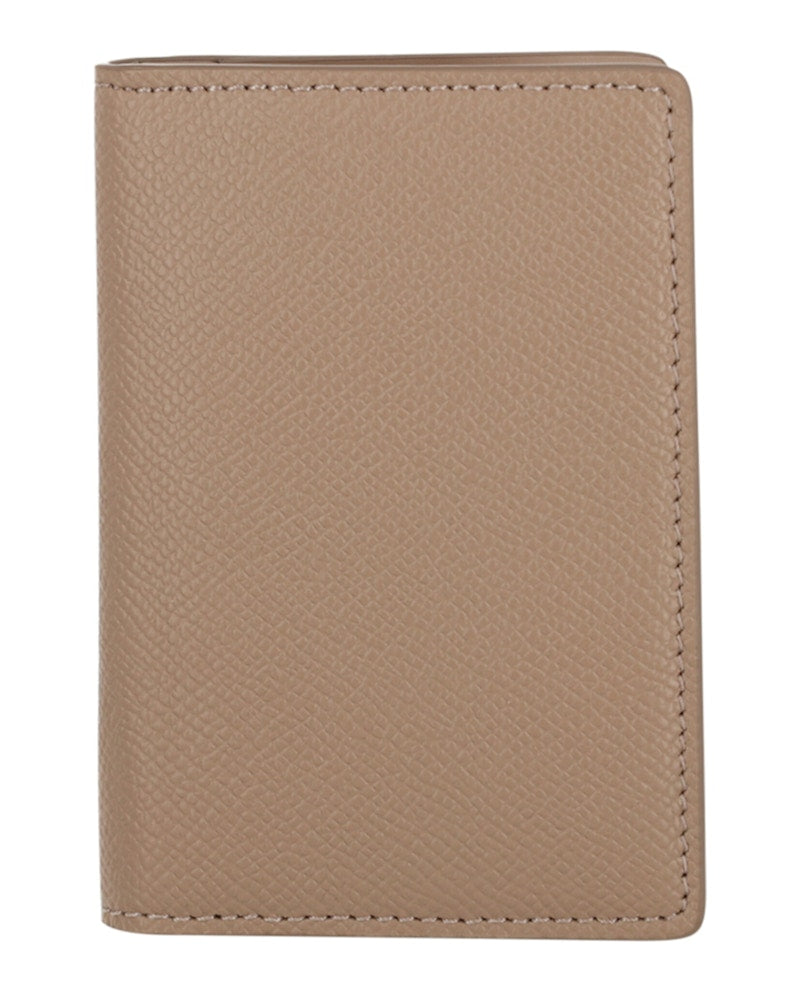 Stitched Bi-Fold Leather Card Holder Beige