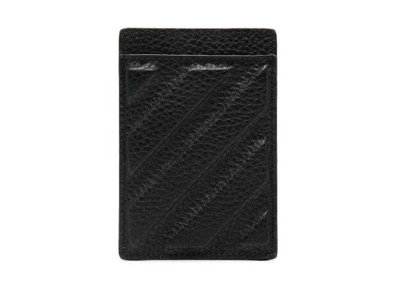 Diag-Stripe Leather Card Holder Black
