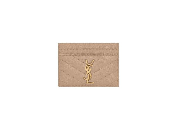 Cassandre Matelasse Card Case in Grain De Poudre Embossed Leather Dark Beige