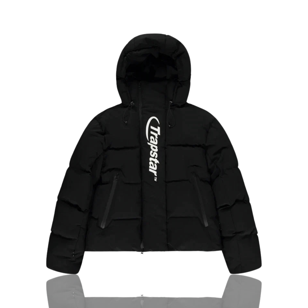 Black and White Hyperdrive Technical Hooded Puffer Jacket