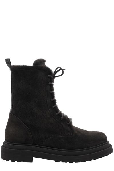 Brunello Cucinelli Shearling Trim Lace-Up Boots